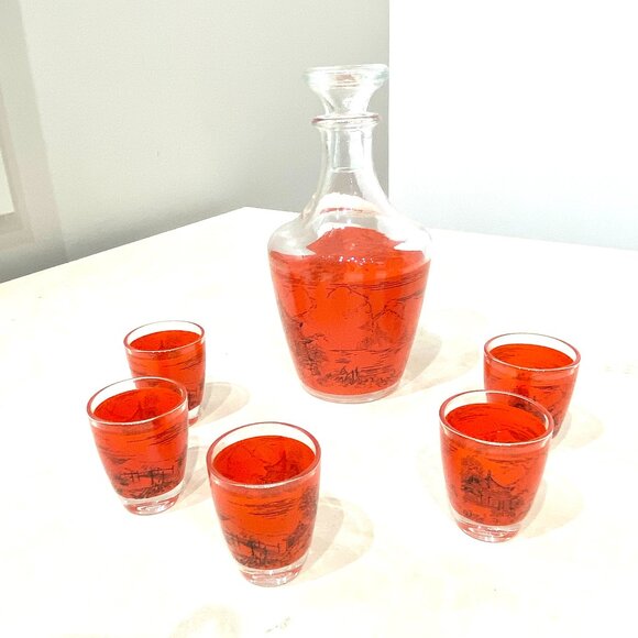 Vintage FRANCE Barware, Japanese Scene Liquor Decanter with Shot Glasses - Picture 1 of 13